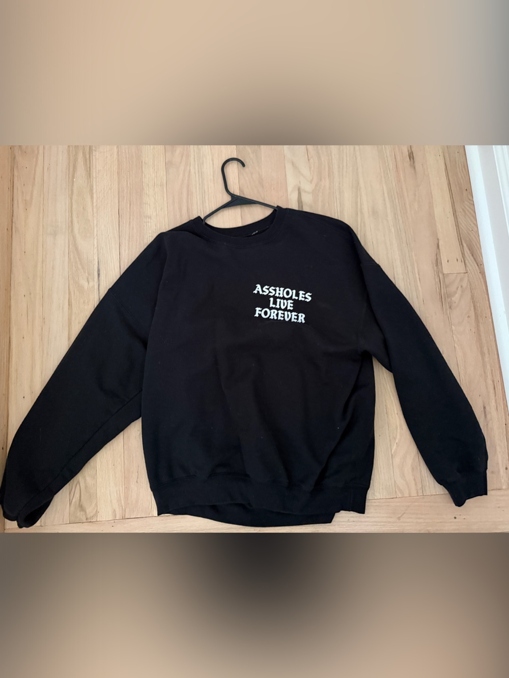 Black Graphic Crewneck Sweatshirt with White Text
